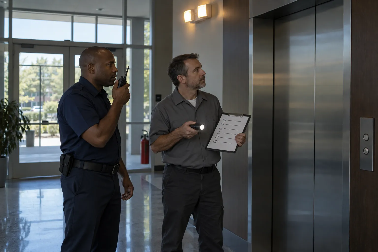 A security officer with a radio and a building engineer with a flashlight and clipboard at the elevator call panel of a dim office lobby during a power outage.