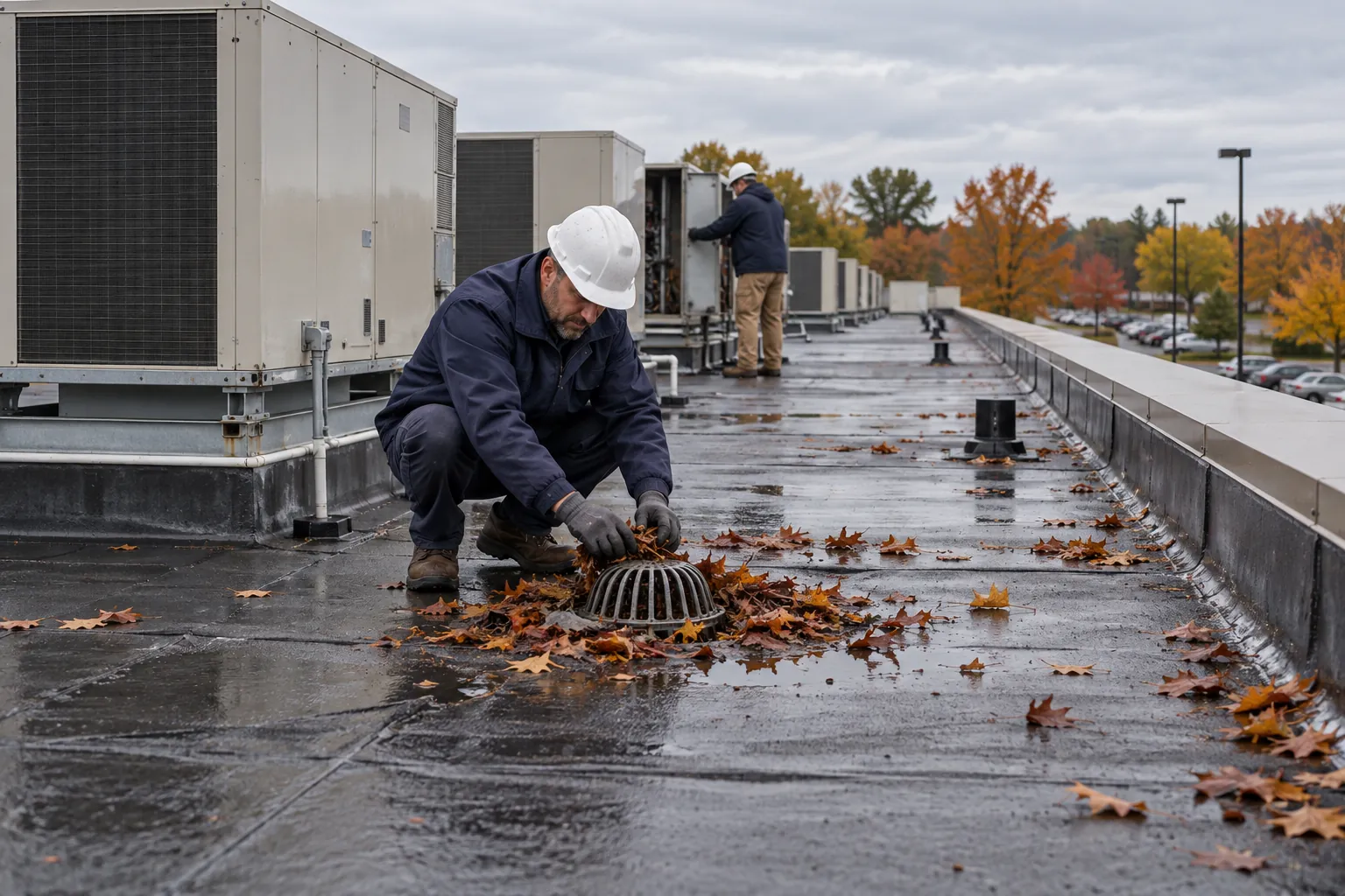 Two maintenance technicians on a flat office roof, one clearing a roof drain beside rooftop HVAC units.