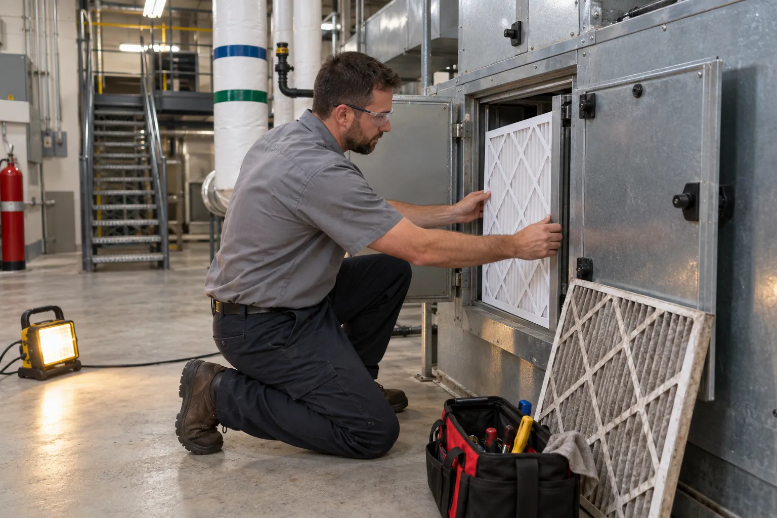 A building engineer kneeling at an open air handling unit in a mechanical room, fitting a new filter.