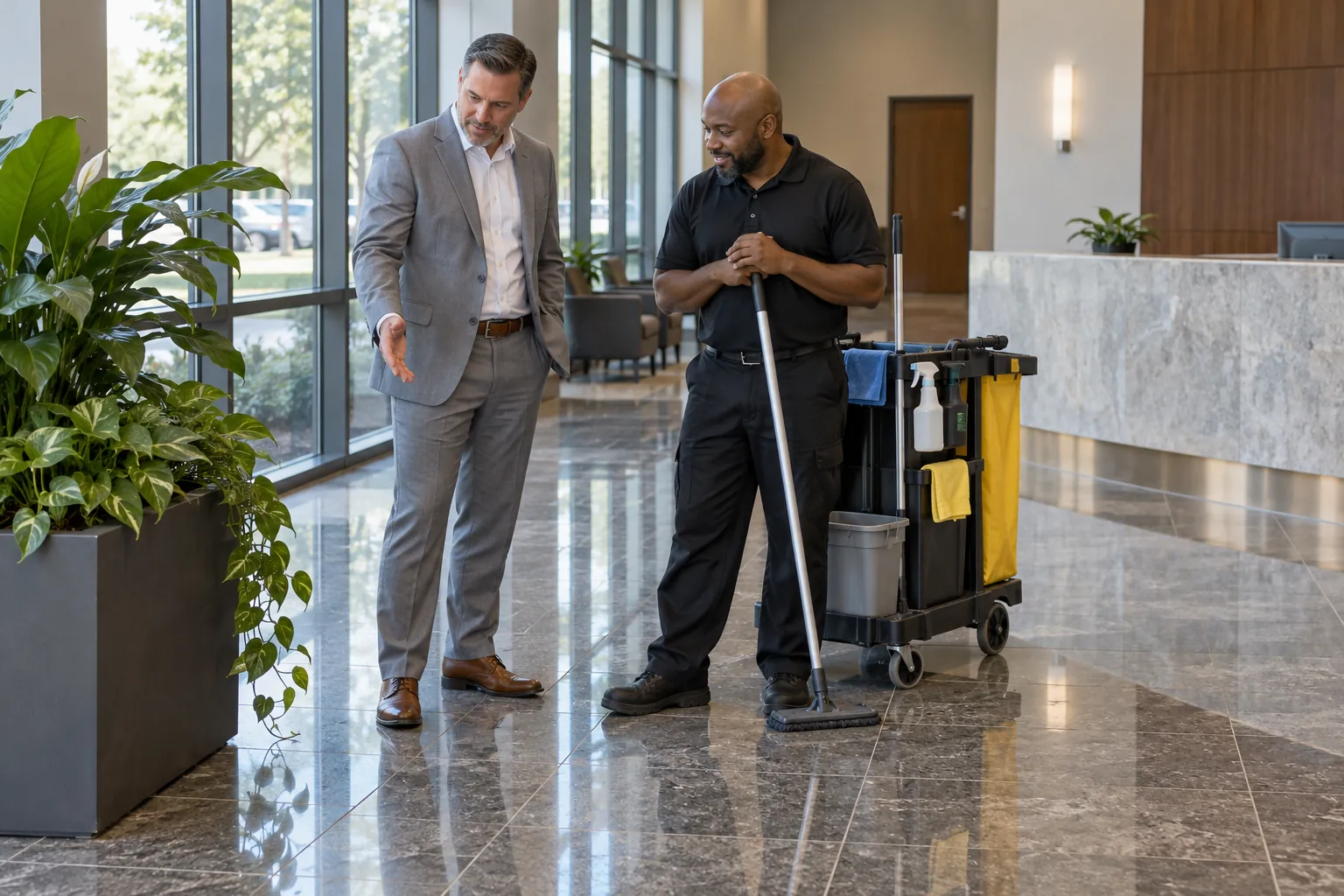A property manager talking with a day porter beside a janitorial cart in a bright office building lobby.