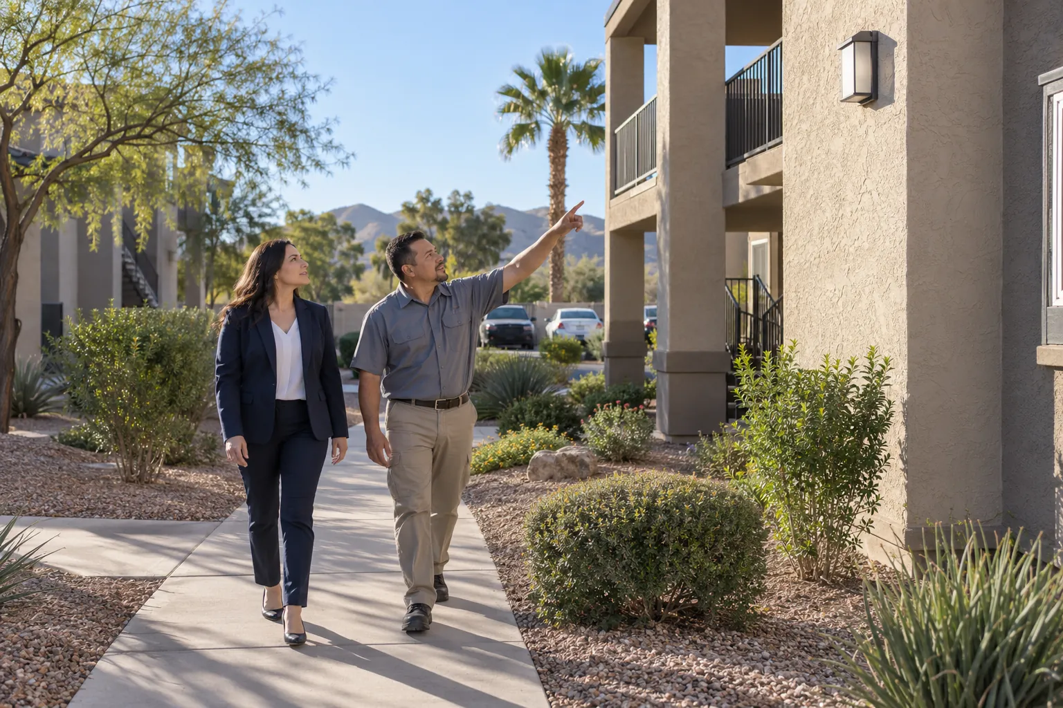A property manager and a maintenance technician walking through an apartment community courtyard, the technician pointing up at an exterior light.