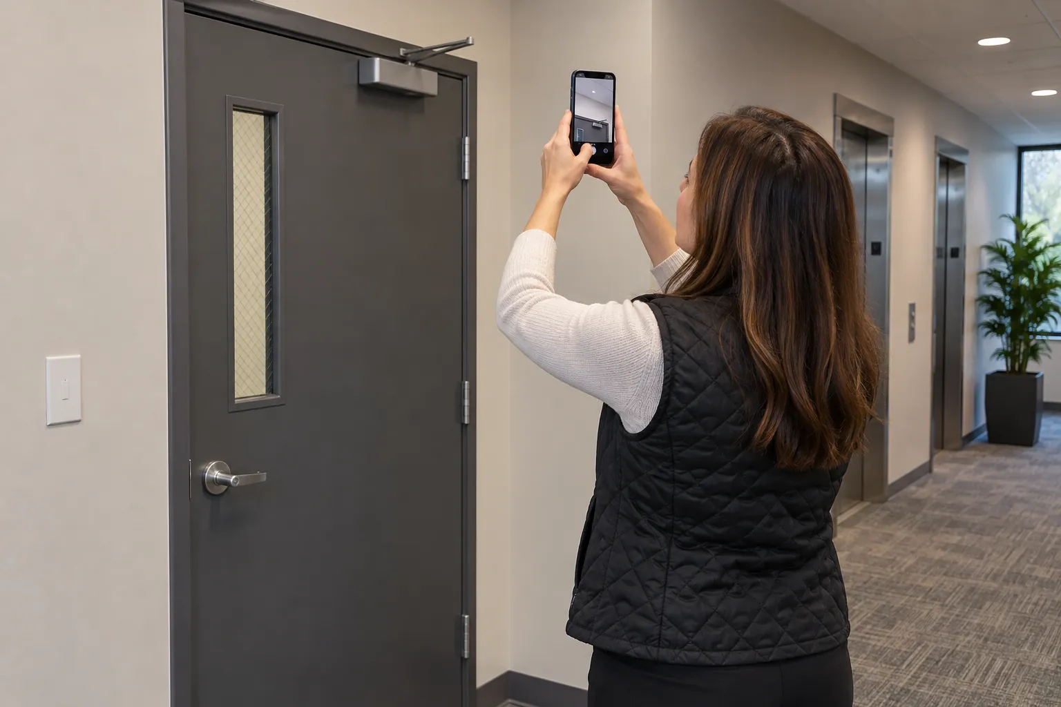 An assistant property manager photographing an exit sign and stairwell door in an office building corridor