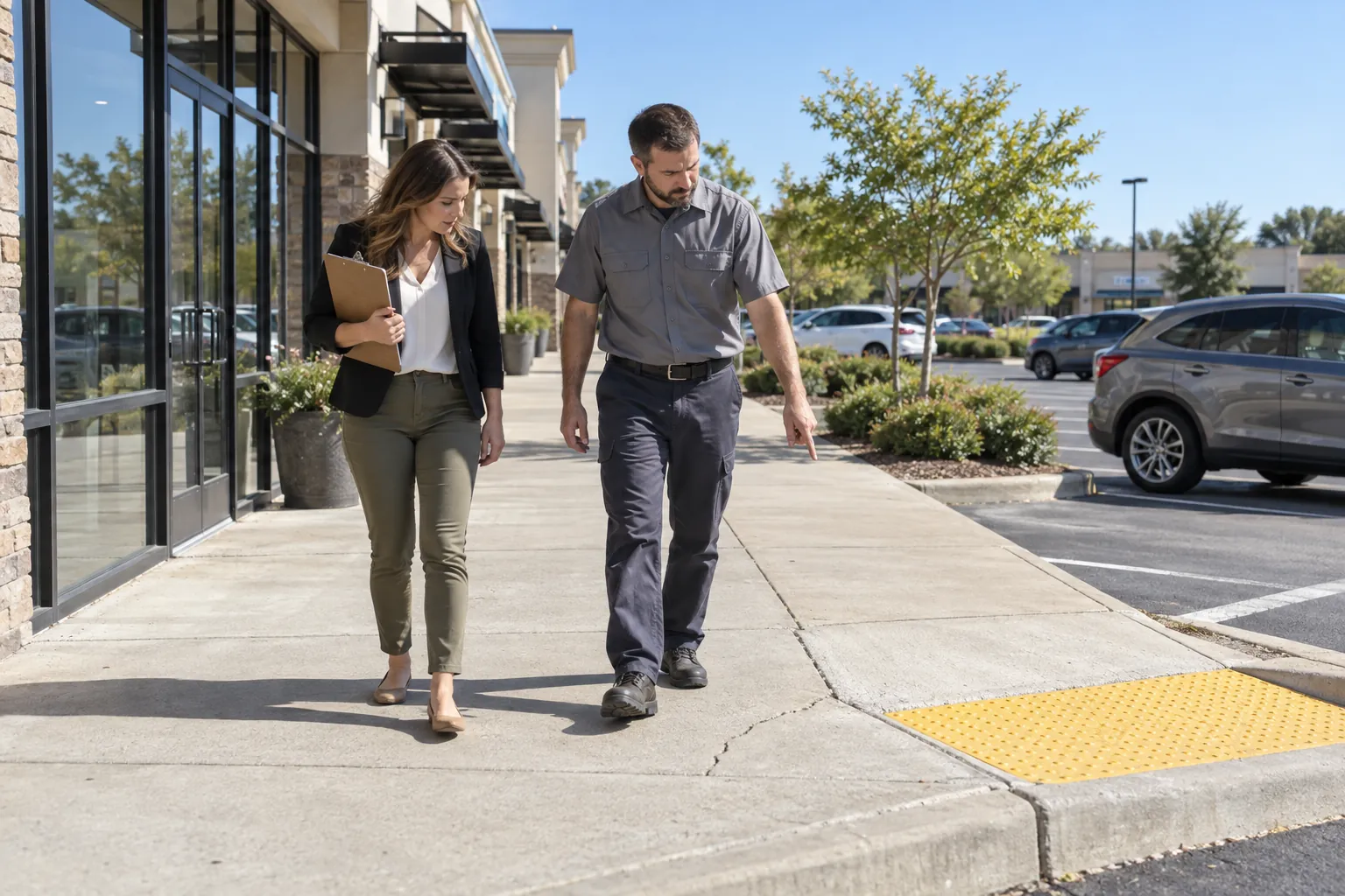 A property manager with a clipboard and a building engineer inspecting a cracked sidewalk near a curb ramp outside a retail center