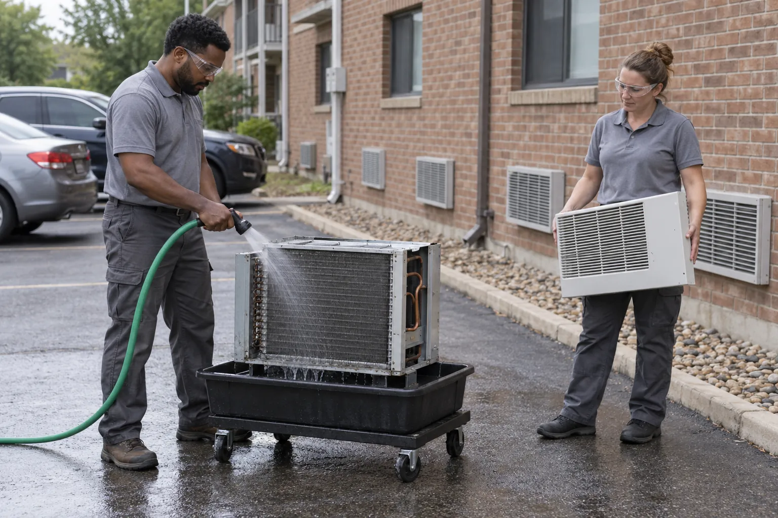 Two maintenance technicians rinsing the coil of an air conditioner chassis on a cart behind an apartment building.
