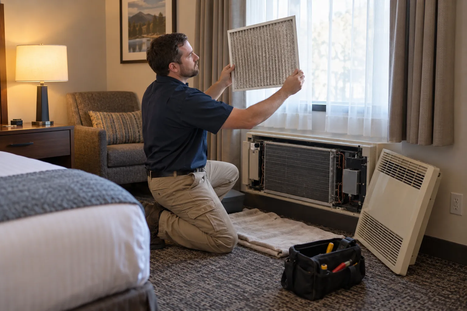 A hotel maintenance technician kneeling beside a guest room's under-window air conditioner, holding up its filter to the light.