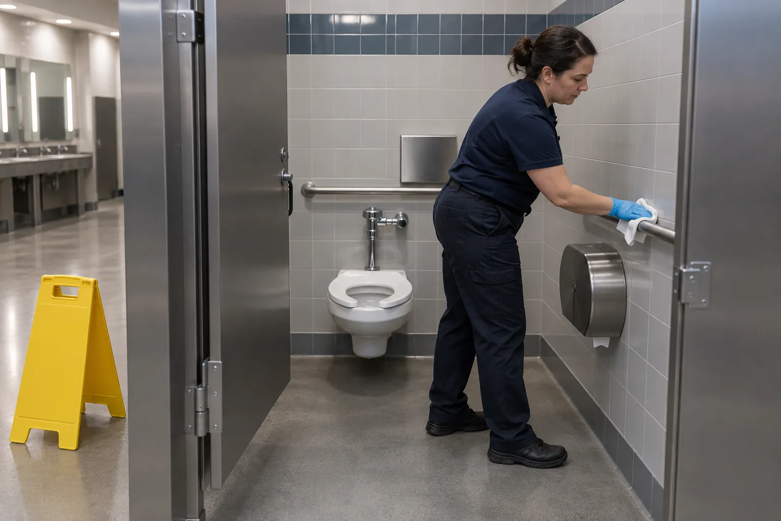 A janitorial worker in gloves wiping the grab bar in the wheelchair accessible stall of a large public restroom, with a wet floor sign outside.