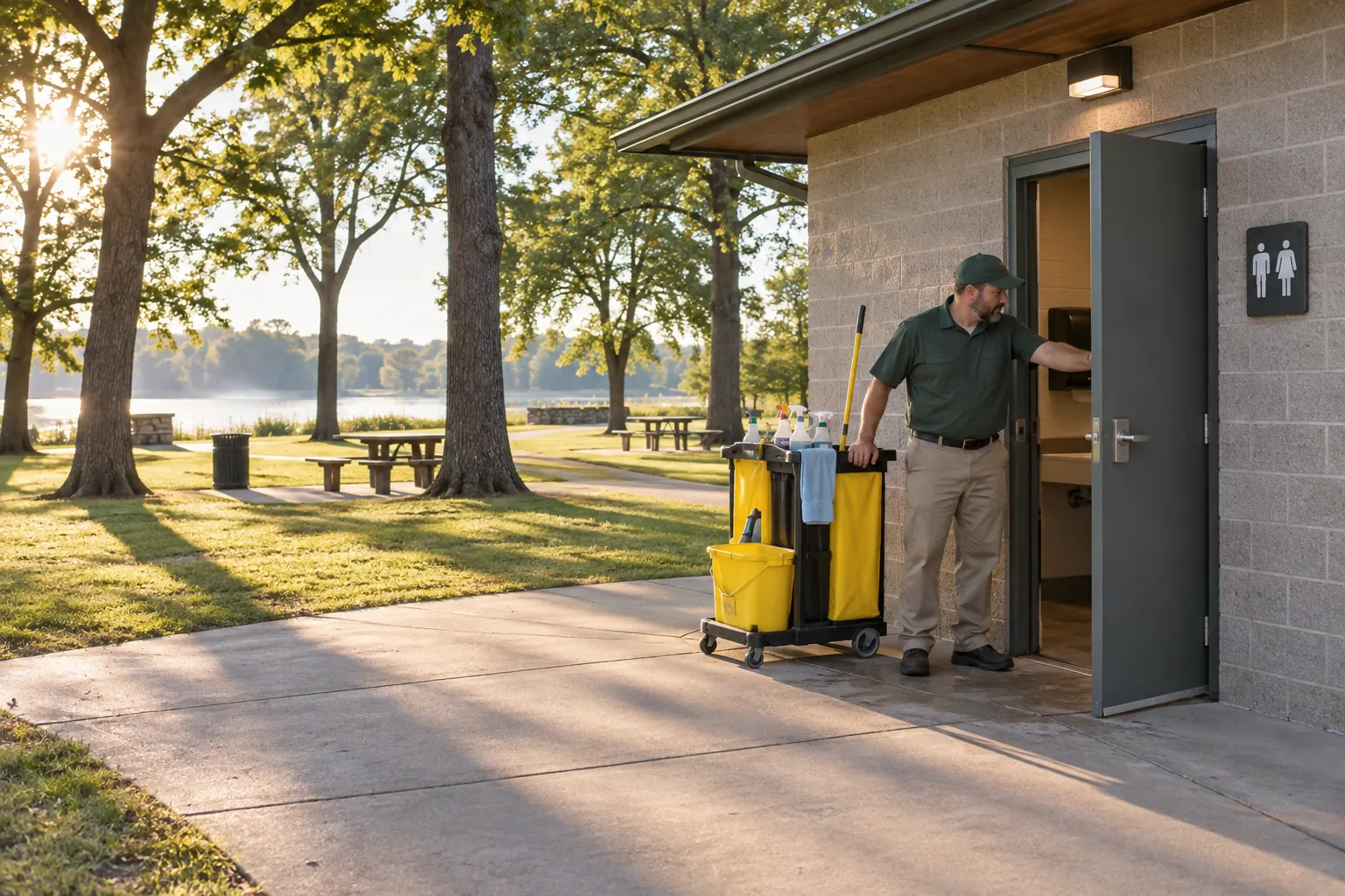 A custodian opening the door of a park restroom building on a summer morning, with a janitorial cart beside the entrance.