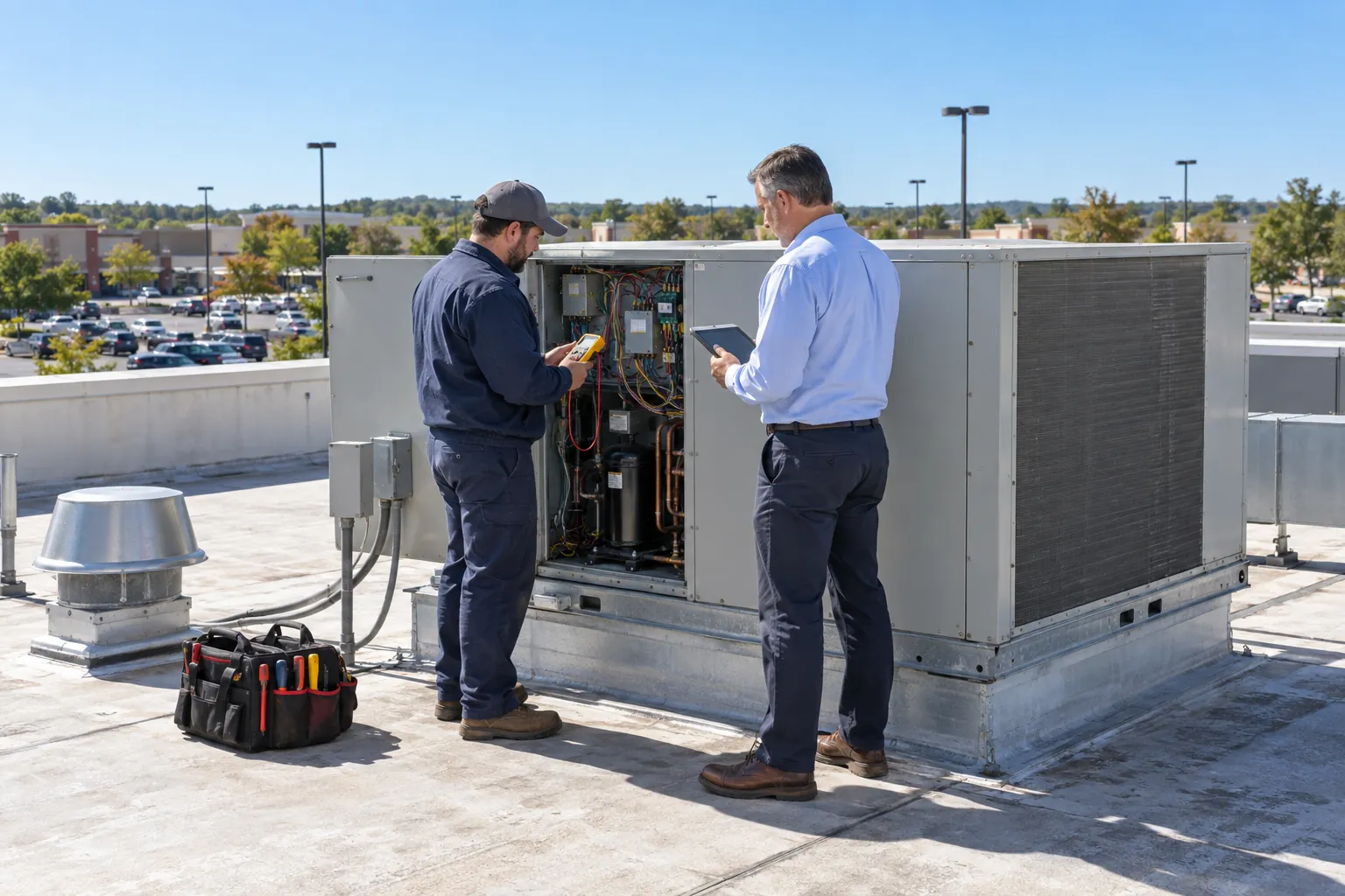 An HVAC technician testing a rooftop unit with a multimeter while a building engineer looks on from the roof of a retail center.