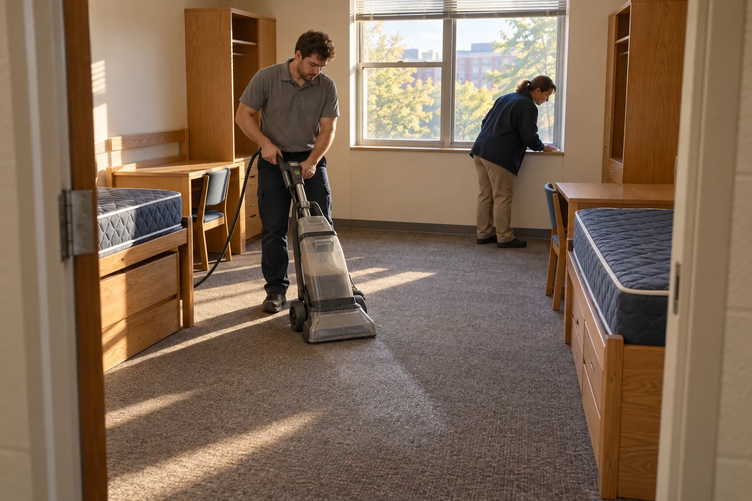 A custodian cleaning the carpet of an empty dorm room while a supervisor inspects the window sill.