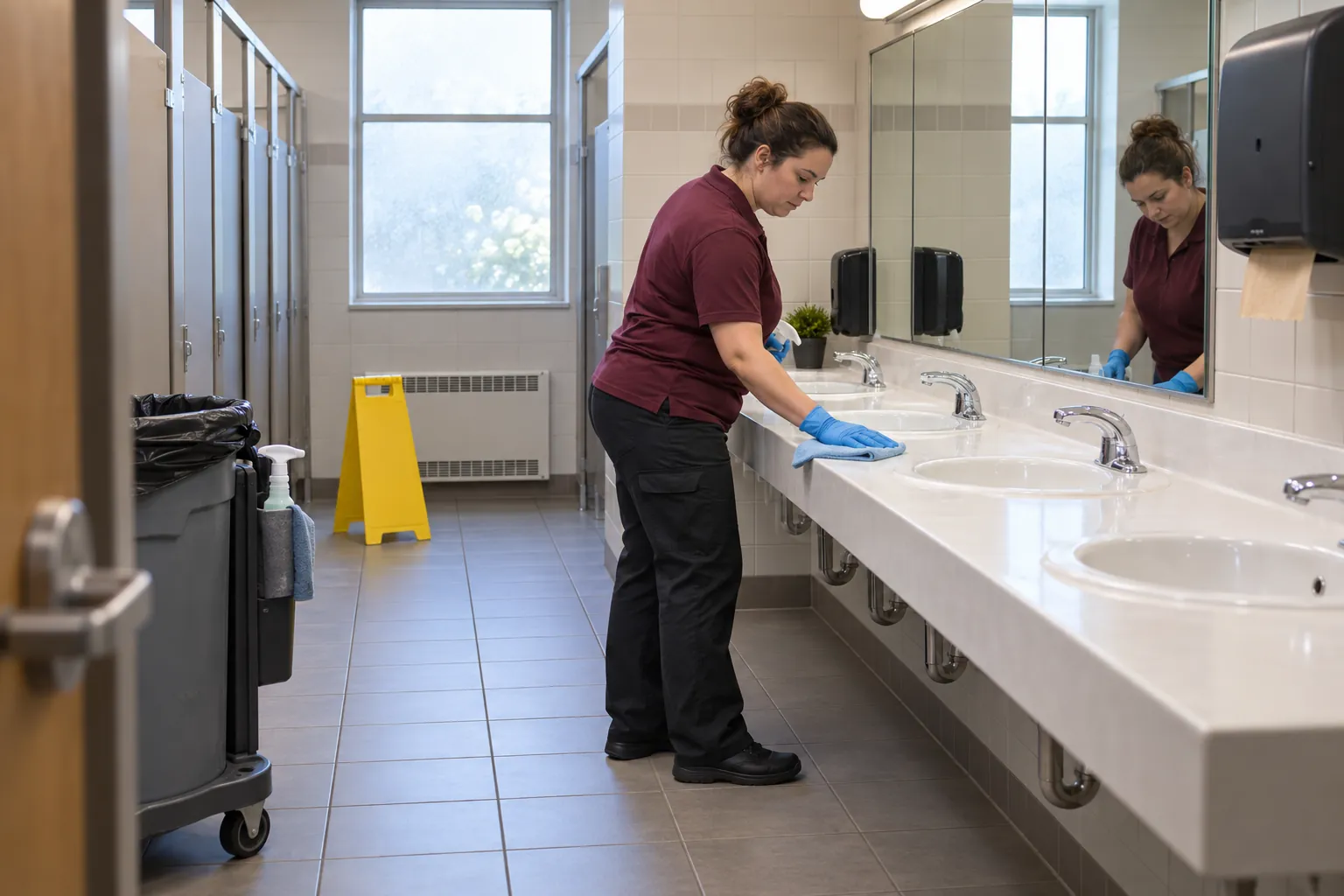 A custodian wiping down sinks in a college residence hall community bathroom beside a wet floor sign.