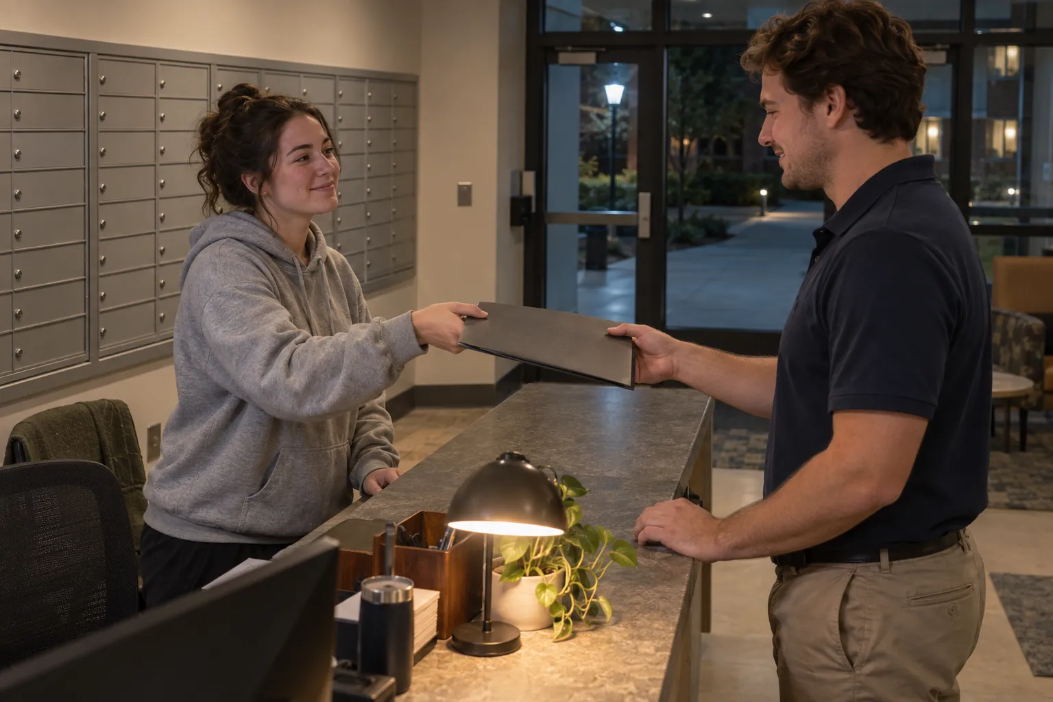 Two resident assistants handing over a folder at a residence hall front desk late at night.