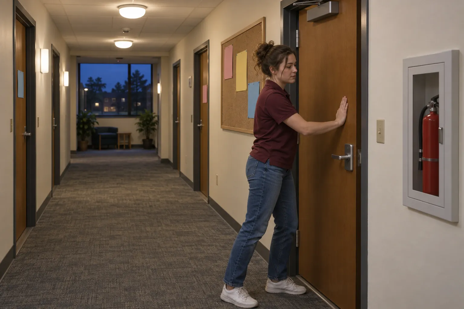 A resident assistant closing a fire door in a quiet residence hall corridor in the evening.