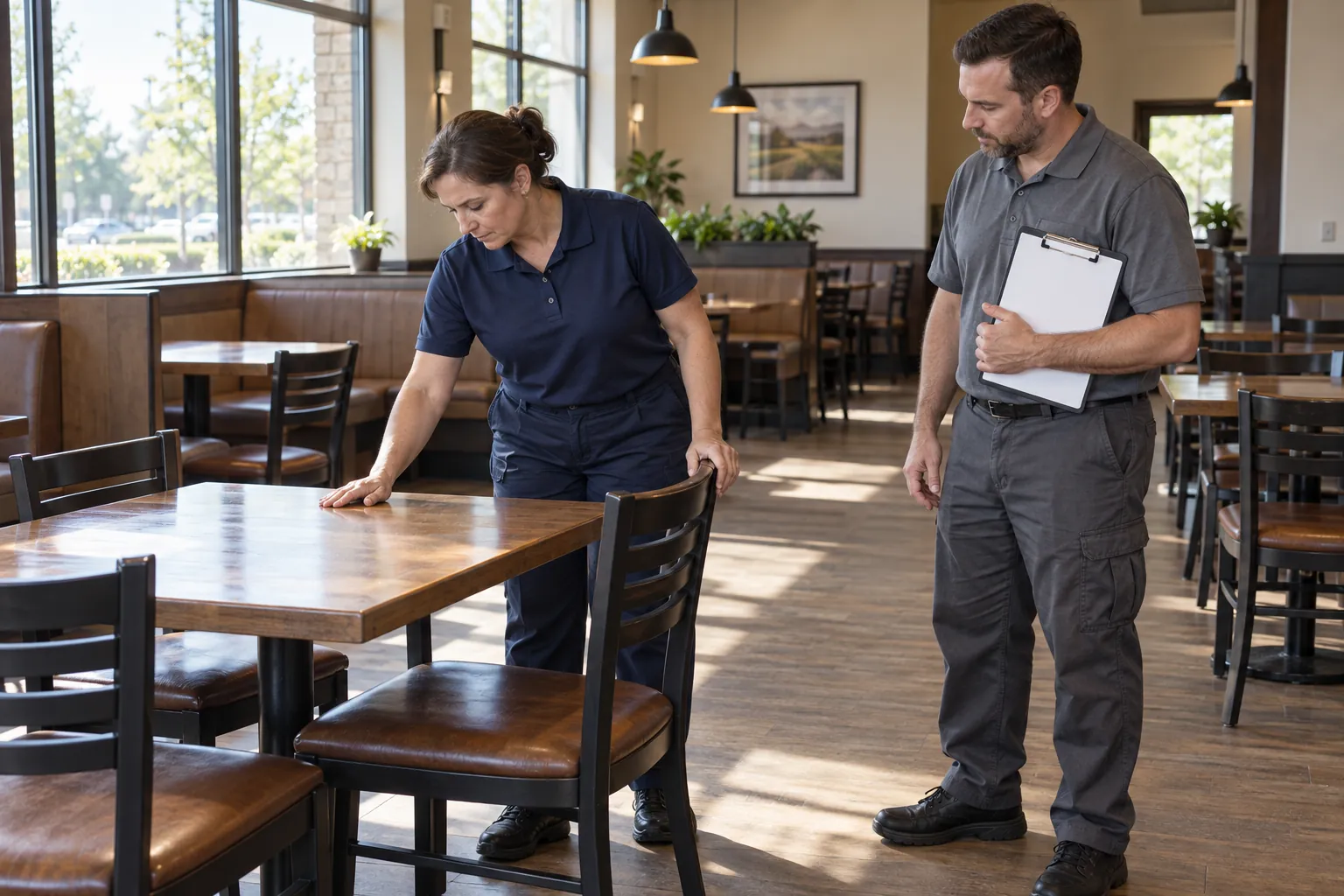 A cleaning supervisor checking a table and chairs in an empty restaurant dining room.