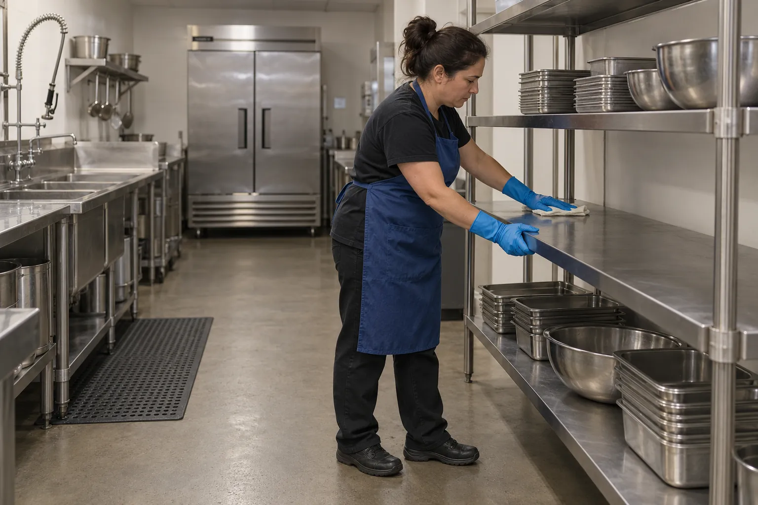 A restaurant worker cleaning an empty stainless-steel kitchen shelf.