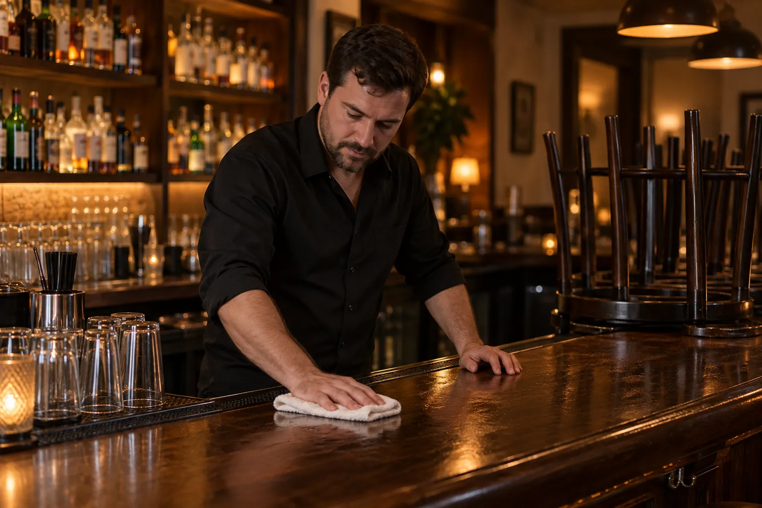 A bartender wiping down the bar top after closing, with stools turned up and clean glasses on a mat.