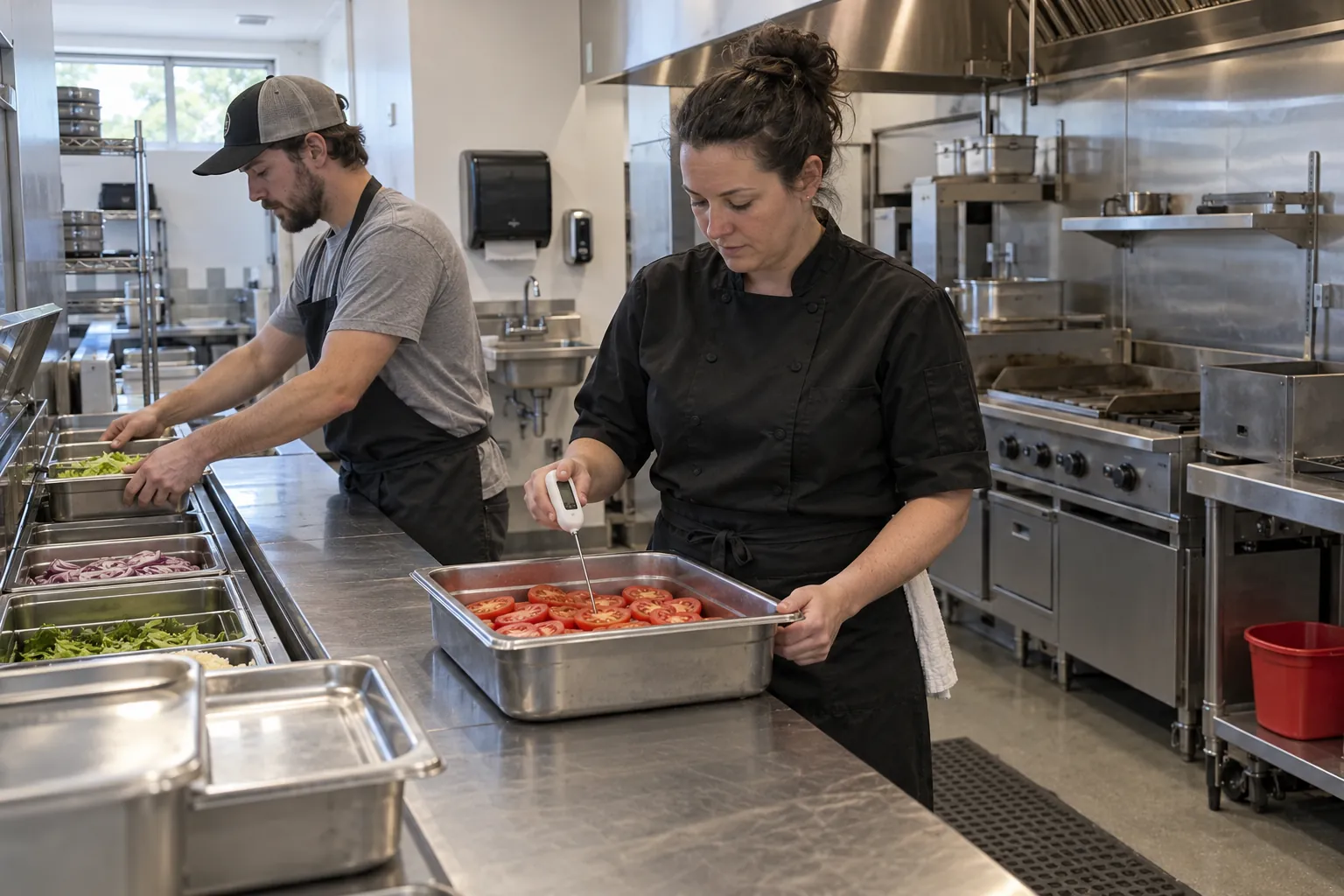 A kitchen manager checking a food temperature with a probe thermometer while a line cook sets up the cold rail before service.