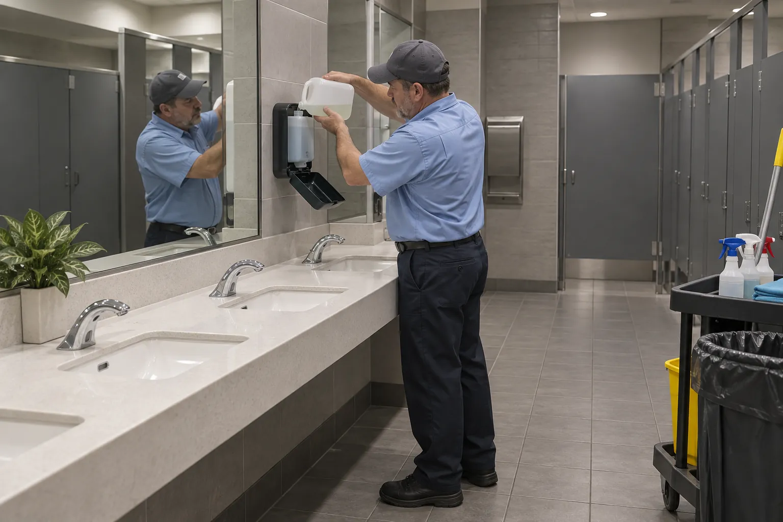 A janitor refilling a soap dispenser above a row of sinks in a clean public restroom.