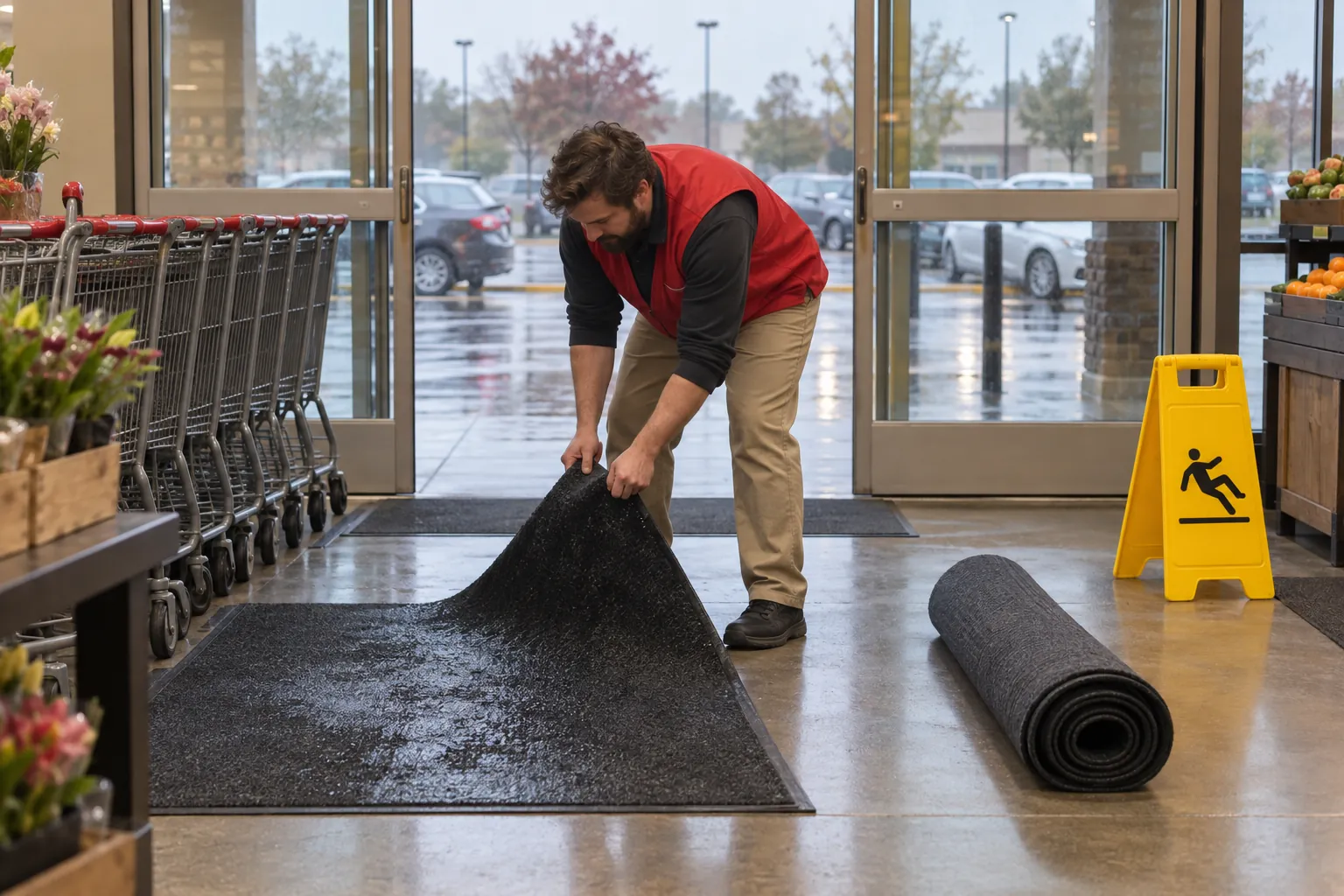 A store associate laying a dry mat in a grocery store entrance on a rainy day, with carts and a wet floor sign beside him.
