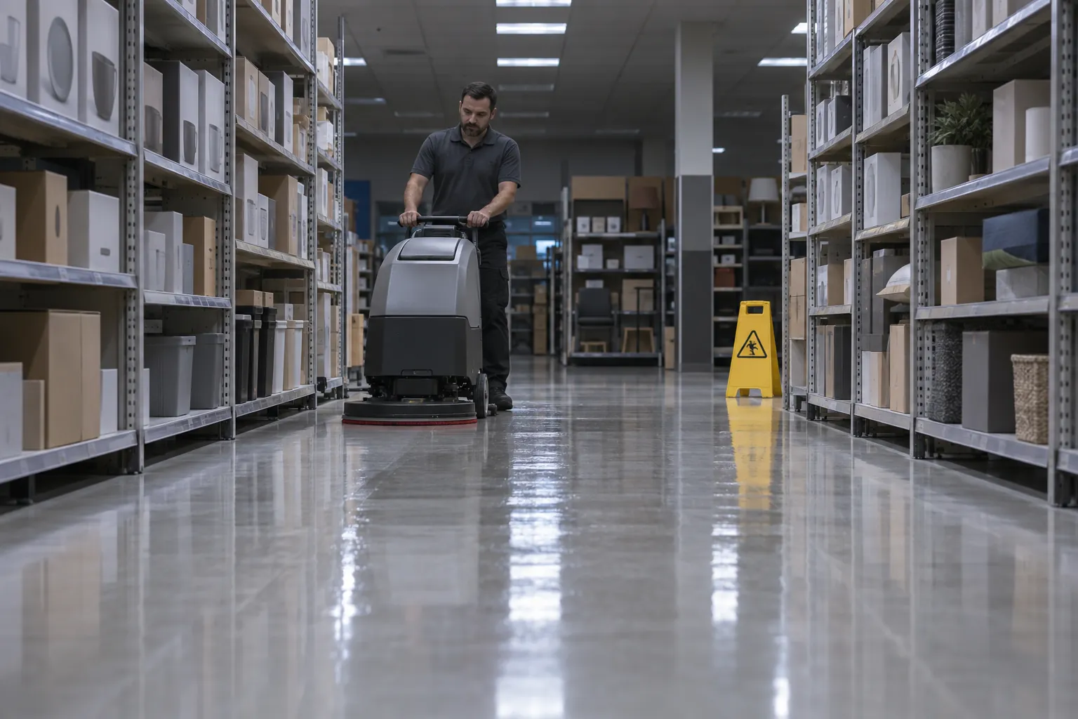 A custodian driving a walk-behind floor scrubber down an empty store aisle between tall shelves after closing.