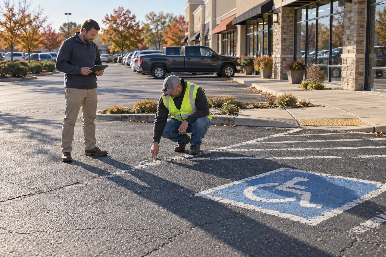 A store manager and a contractor checking worn parking lot striping next to an accessible parking space outside a strip mall.