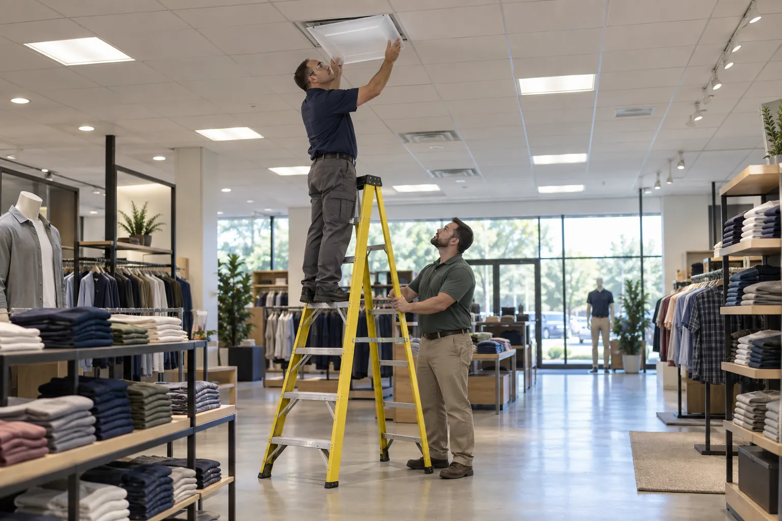 A maintenance technician on a step ladder replacing a ceiling light panel above clothing racks while a coworker steadies the ladder.