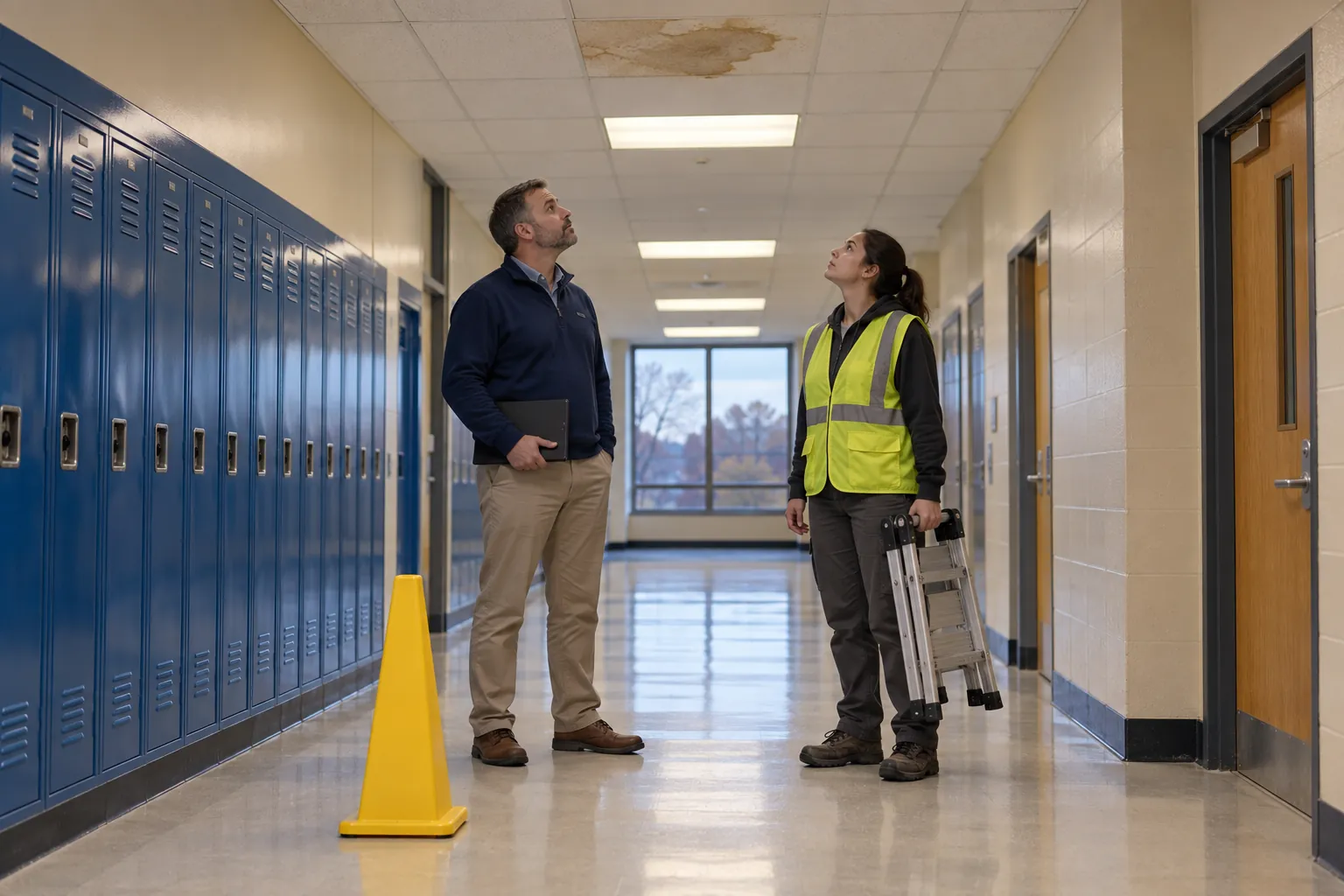 A facility manager and a maintenance technician looking up at a water stain on a ceiling tile in a school corridor.