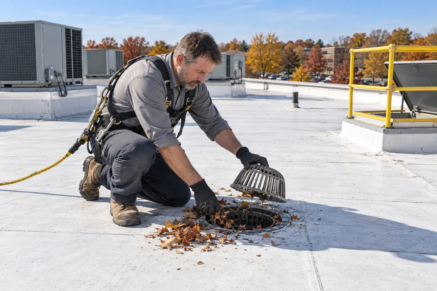 A building engineer in a harness clearing leaves from a drain on a flat white office roof beside rooftop HVAC units.