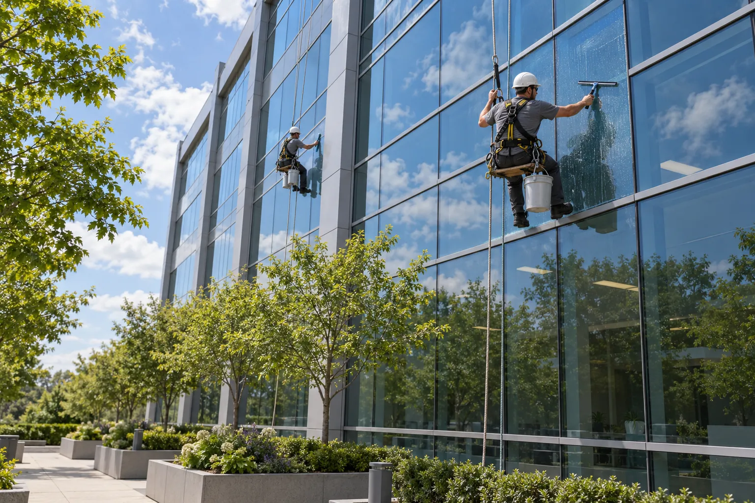 Two window cleaners in harnesses and hard hats washing the glass of an office building from rope seats, seen from the plaza below.