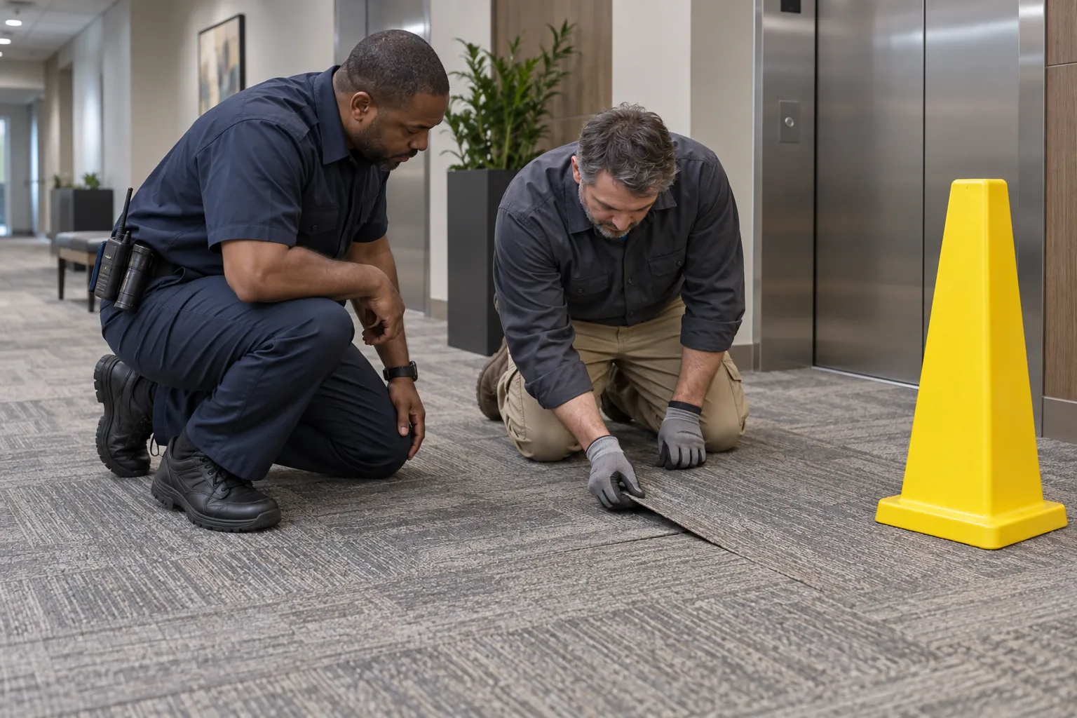 A security supervisor and a building engineer kneeling to examine a lifted carpet seam in an office corridor beside a caution cone.