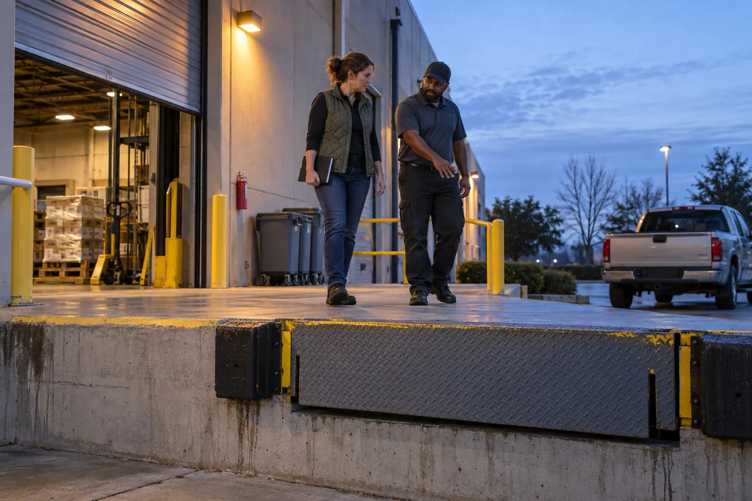 A facility manager and a custodial crew lead talking on a loading dock at dawn, the lead pointing at the dock edge.