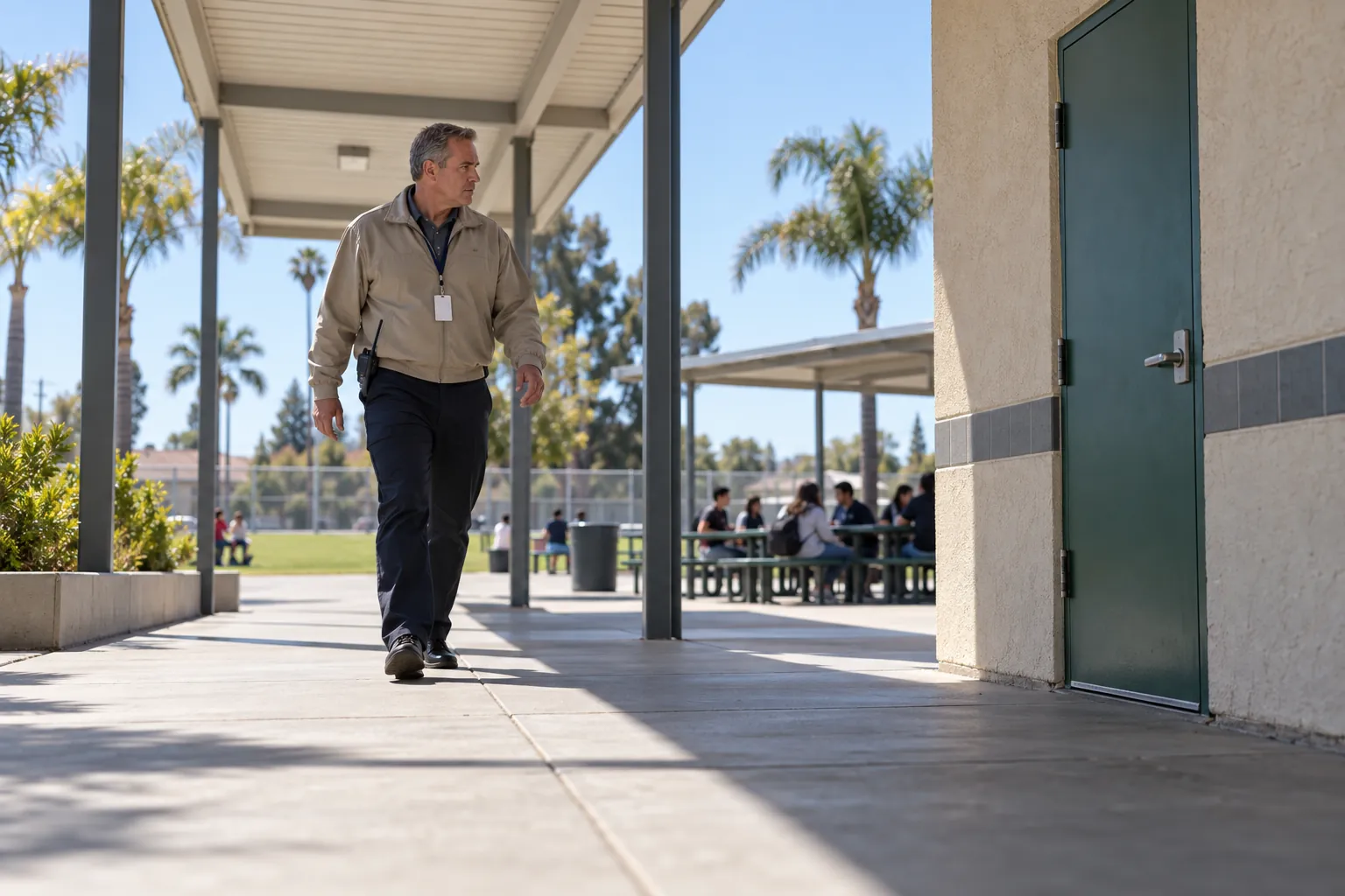 A campus supervisor with a radio walking past a restroom building along a covered outdoor walkway at a middle school at lunchtime.
