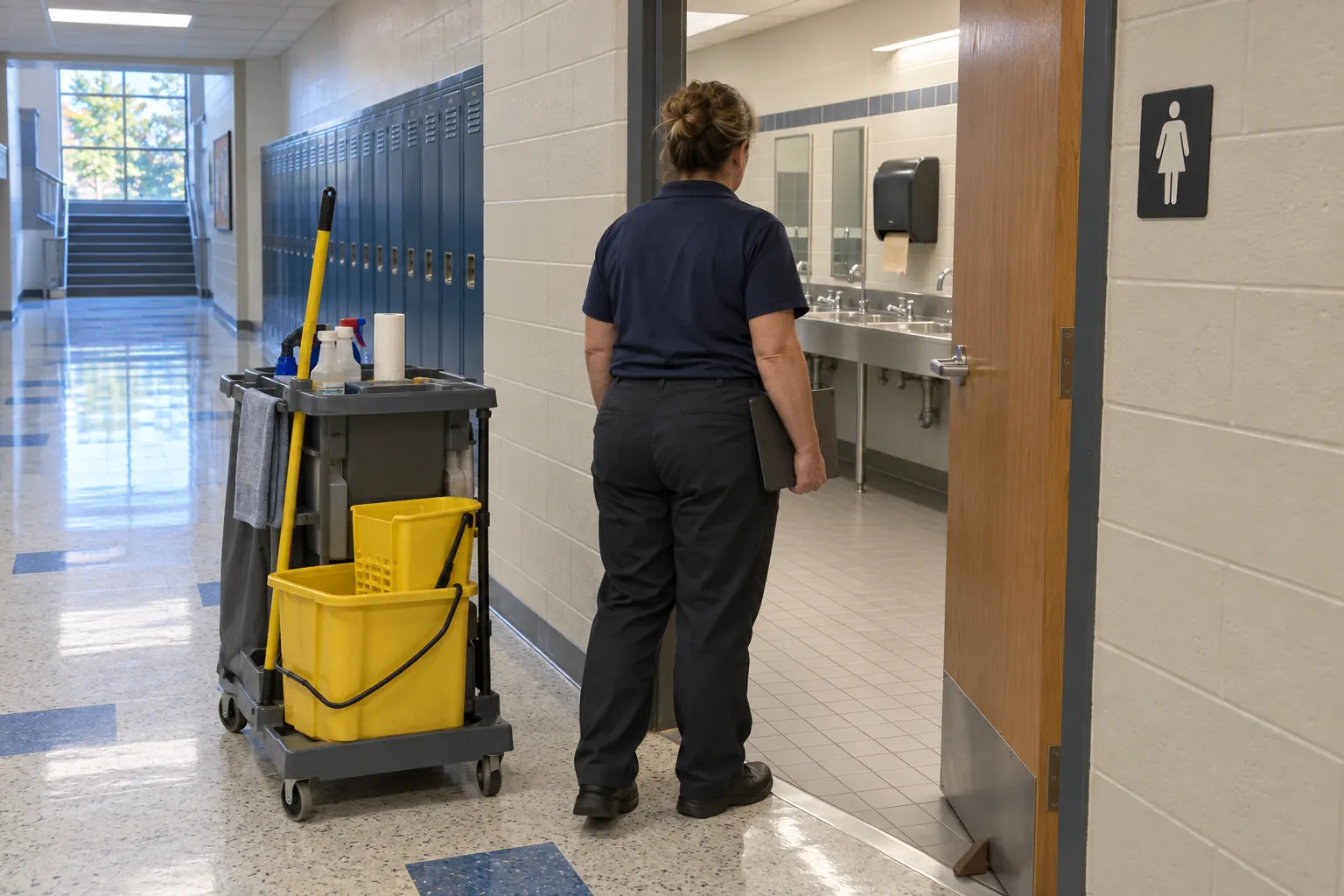 A school custodian with a cart pausing at the open door of a student restroom in a high school corridor lined with blue lockers.