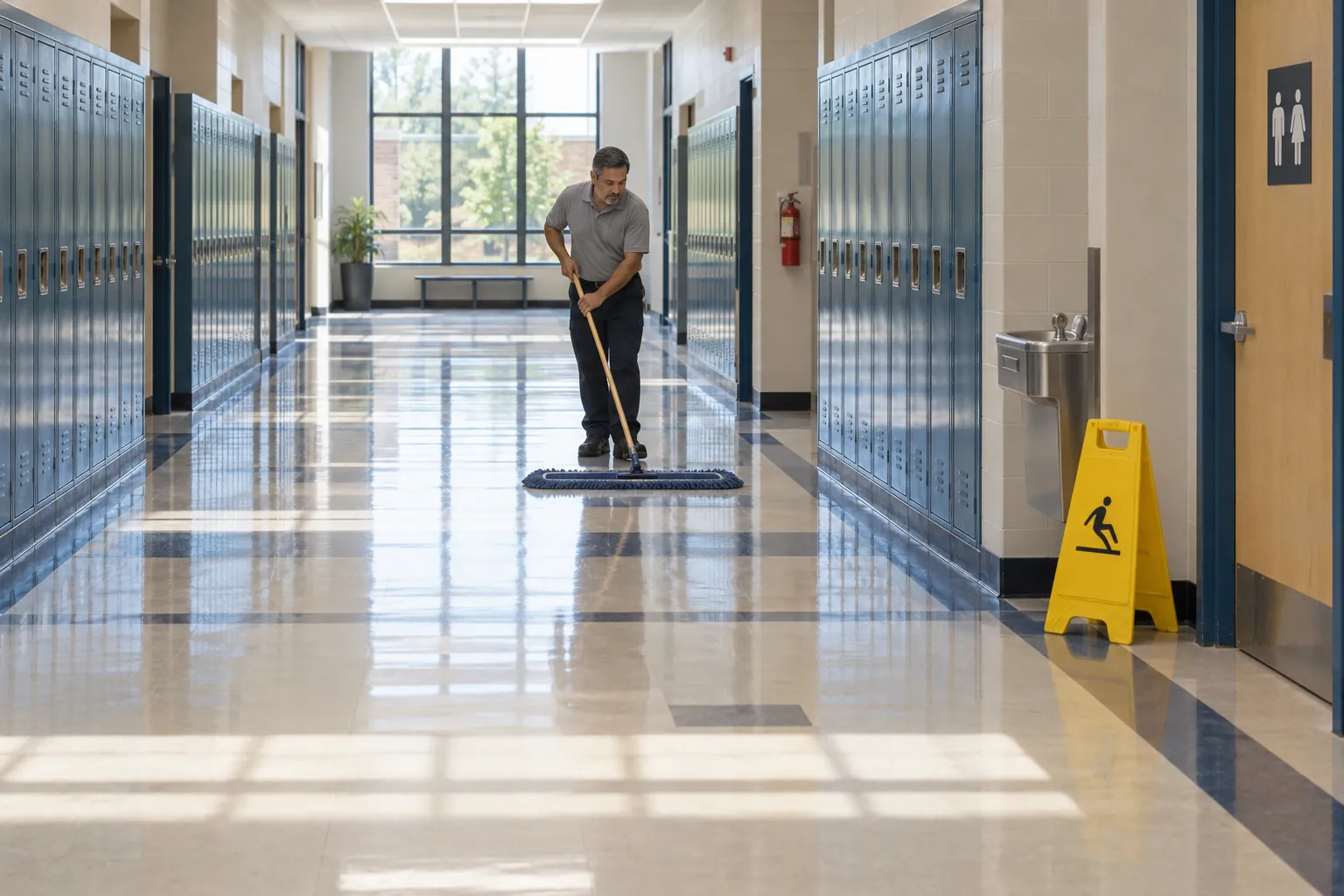 A custodian dust-mopping a long school hallway lined with lockers, a wet floor sign beside a drinking fountain.