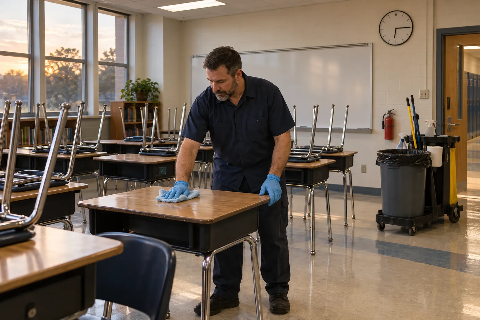 A custodian in gloves wiping desks in an empty classroom with chairs stacked on the desks.