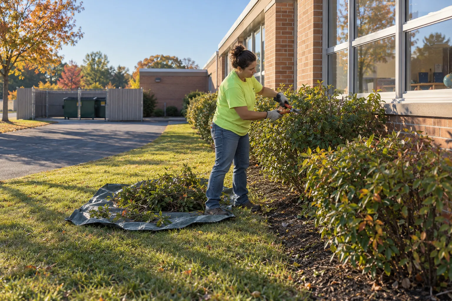 A grounds worker pruning shrubs back from the brick wall of an elementary school, with a dumpster enclosure set back across the lot.
