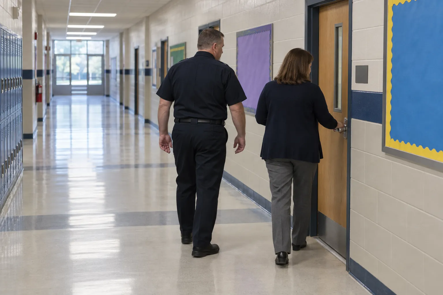 A school administrator and a school resource officer walking an empty school corridor, one trying a classroom door handle.