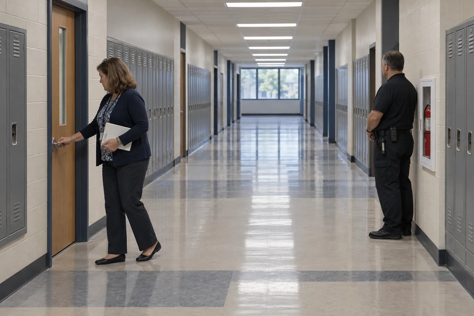 A school administrator trying a classroom door handle in a quiet high school hallway while a security officer stands further along.