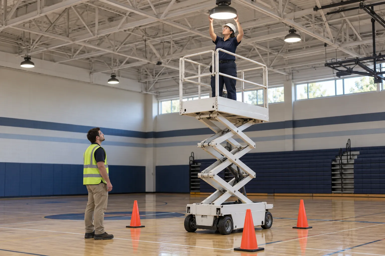 A facilities worker on a raised scissor lift changing a light fixture in a school gym while a colleague stands by traffic cones below.
