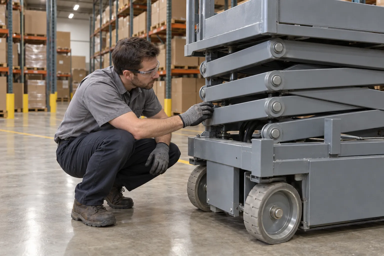 A maintenance technician crouching beside a lowered scissor lift in a store stockroom, checking the scissor arms and a front wheel.