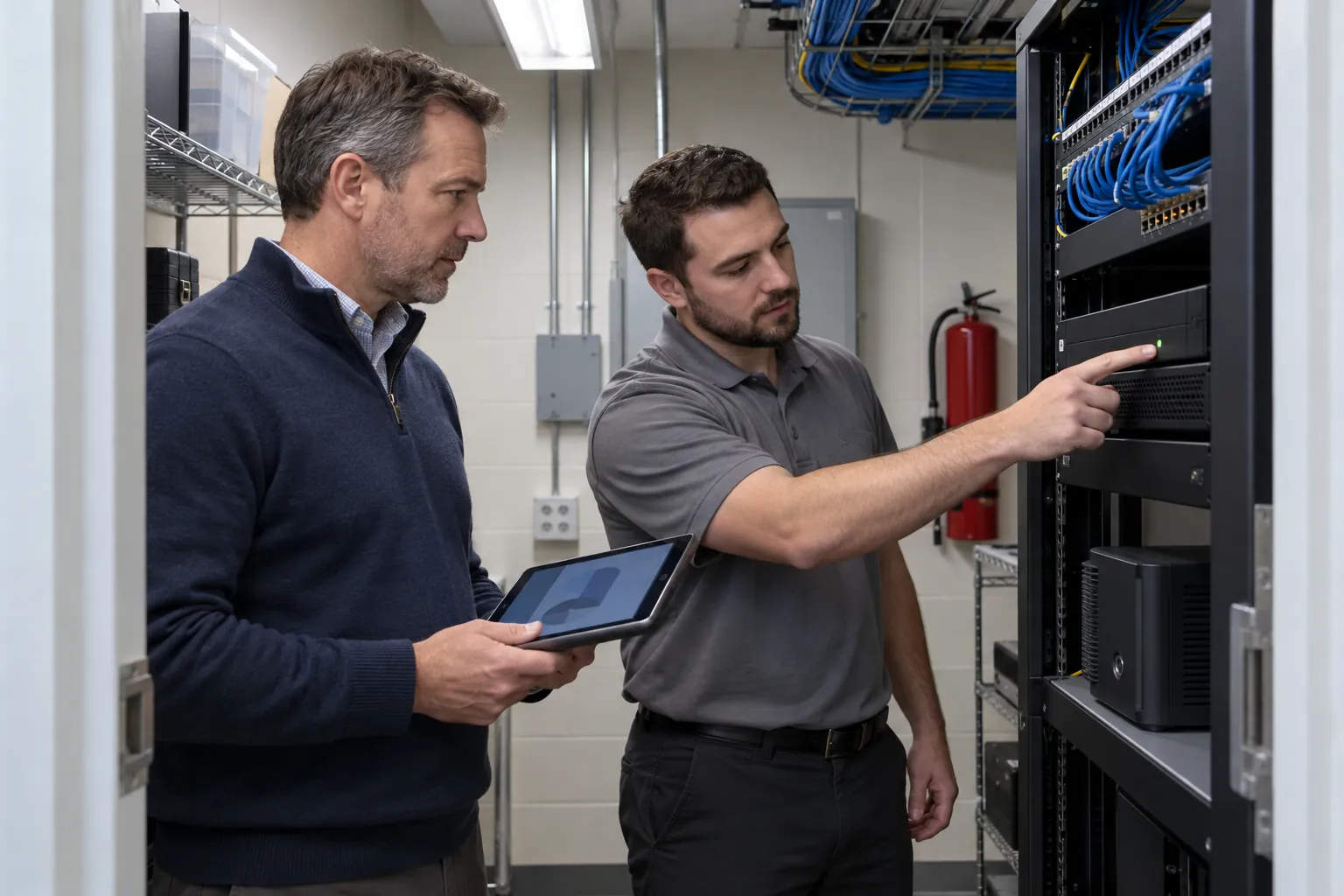 A technician pointing at a video recorder in an equipment closet while a facility manager holds a tablet.