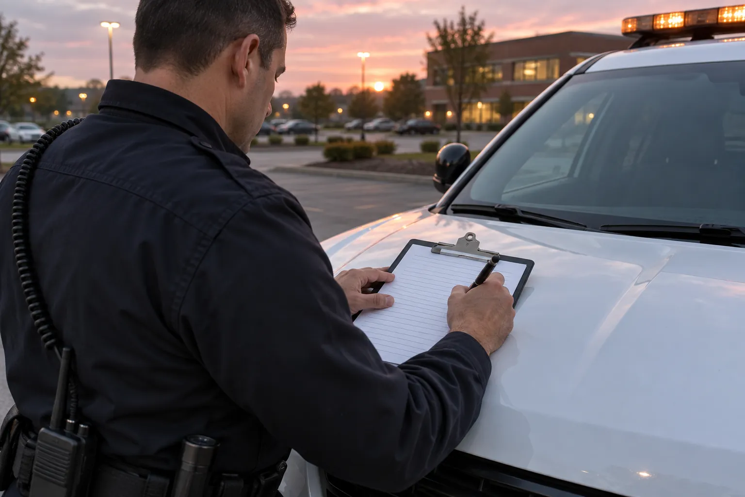 A security officer writing on a clipboard form resting on the hood of a patrol vehicle in a parking lot at dawn.