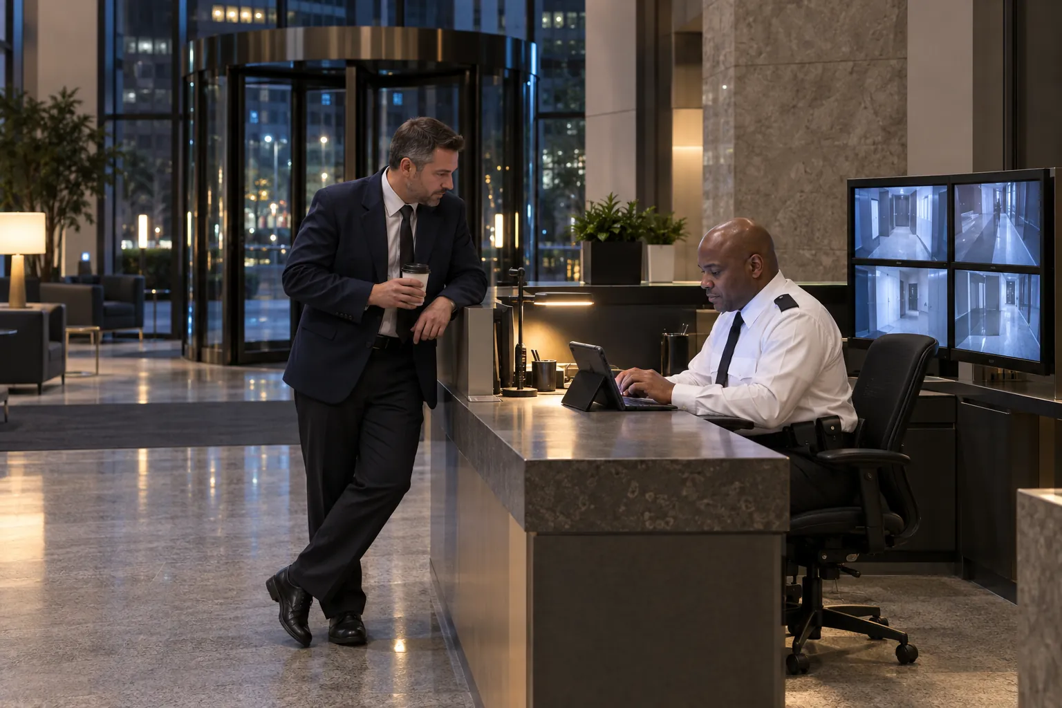 Two security officers at a lobby console at night, one typing on a tablet while the other stands at the counter.