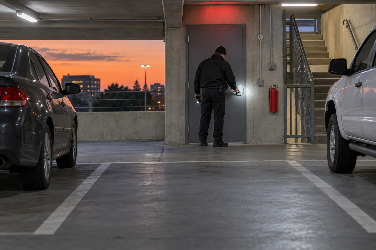 A security officer on patrol in a parking garage checking a stairwell door.