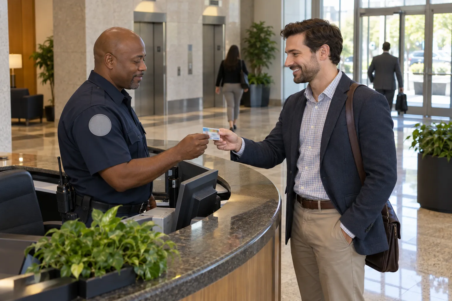 A security officer at an office lobby desk checking a visitor's ID.