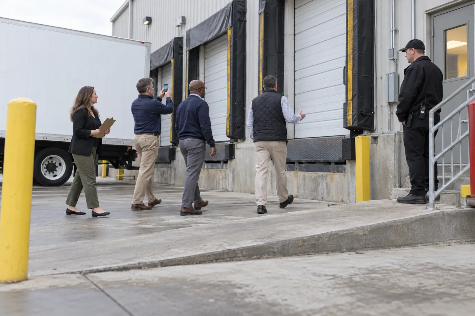 A property manager leading a group of visitors across a loading dock while one photographs a dock door and a security officer stands nearby.