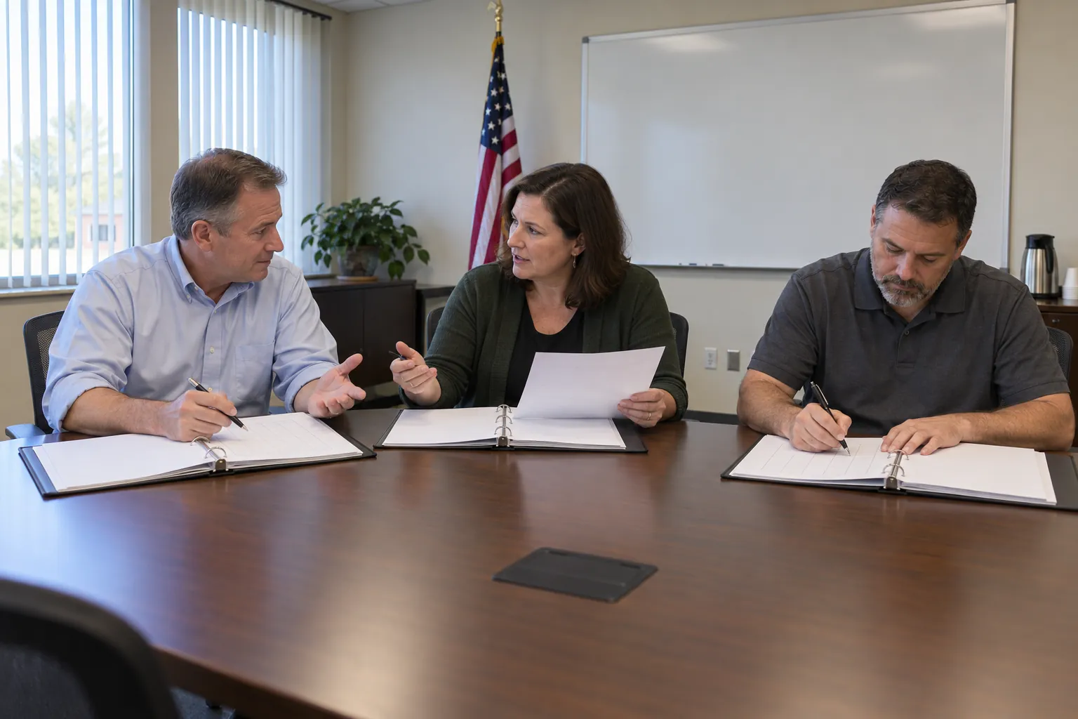 Three people at a long conference table reviewing binders and making notes in a government office meeting room.