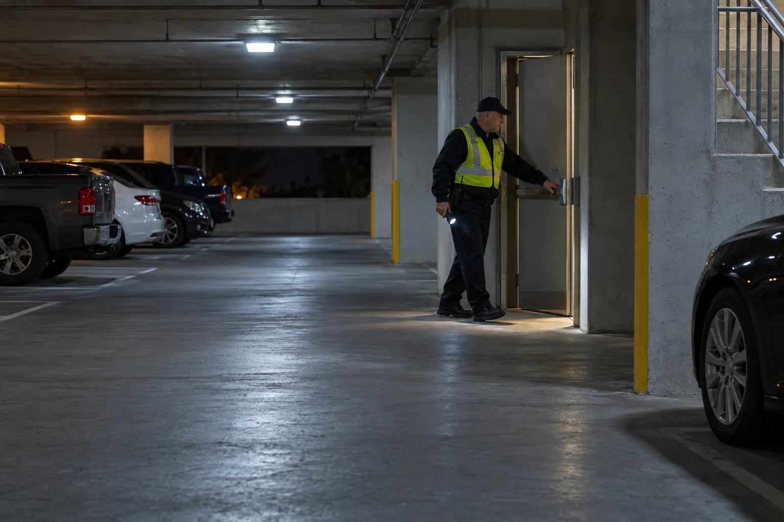 A security officer with a flashlight pushing the bar of a stairwell exit door in a parking garage at night to check that it opens.