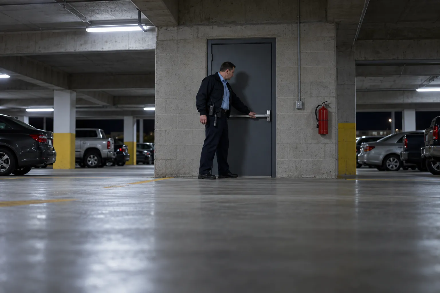 A security officer checking a stairwell door is latched on a quiet parking garage level at night.