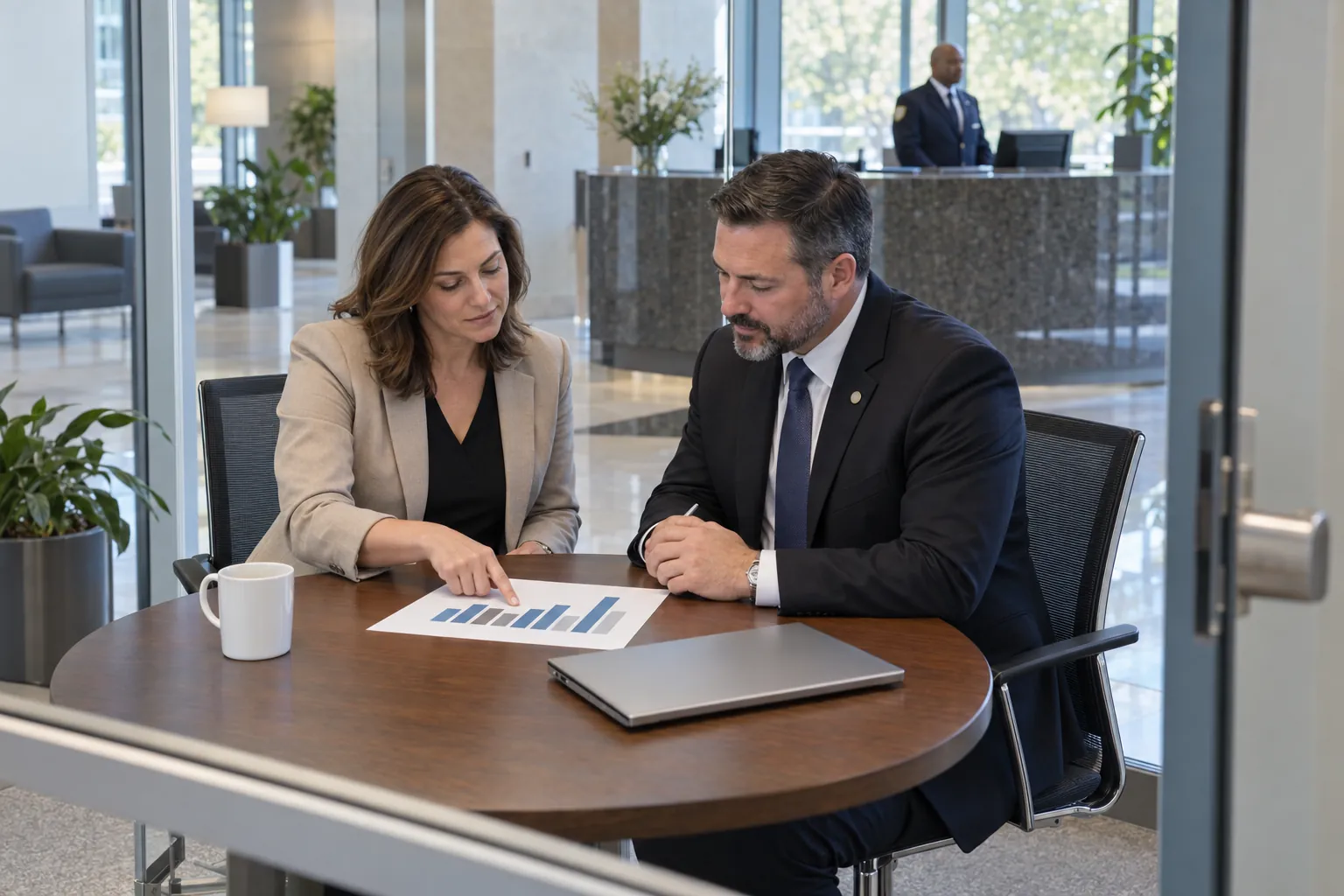A facility manager and a security account manager reviewing a printed report in a glass meeting room, with a security officer at the lobby desk behind them.