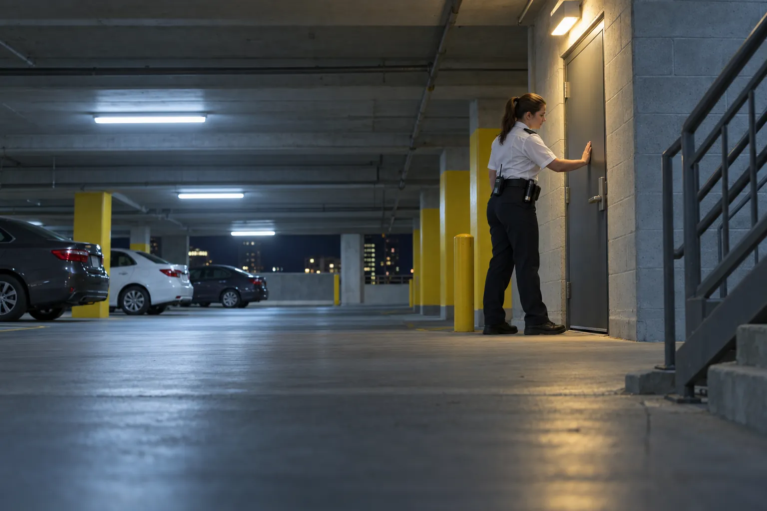A security officer pushing a stairwell door to check it has latched on a parking garage level at night.